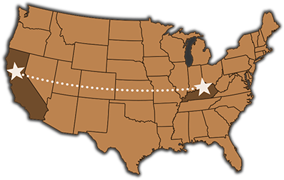 map of the United States with Kentucky and California highlighted